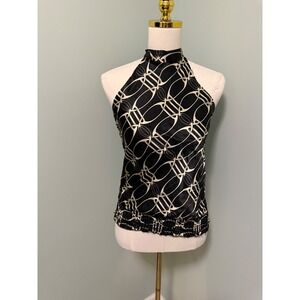 Vintage MKM Designs Geometric Halter Top Black White Keyhole Back Y2K Small
